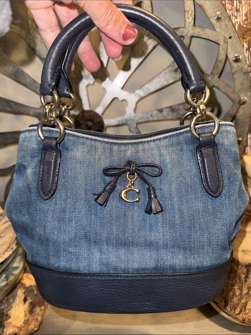Coach Denim & Navy Satchel with Gold Charm and Crossbody Strap